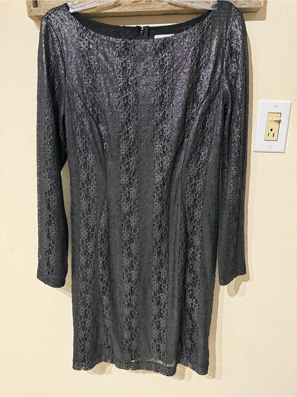 Cache Black Silver Metallic Lace Long Sleeve Mini Dress Y2K Party Cocktail